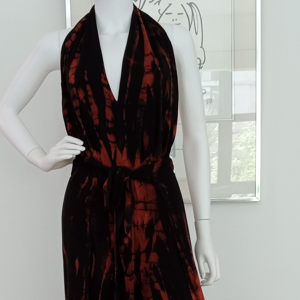 Deep V-Neck Halter top Black and Rust Backless and Belted Jumpsuit. Size: S/M